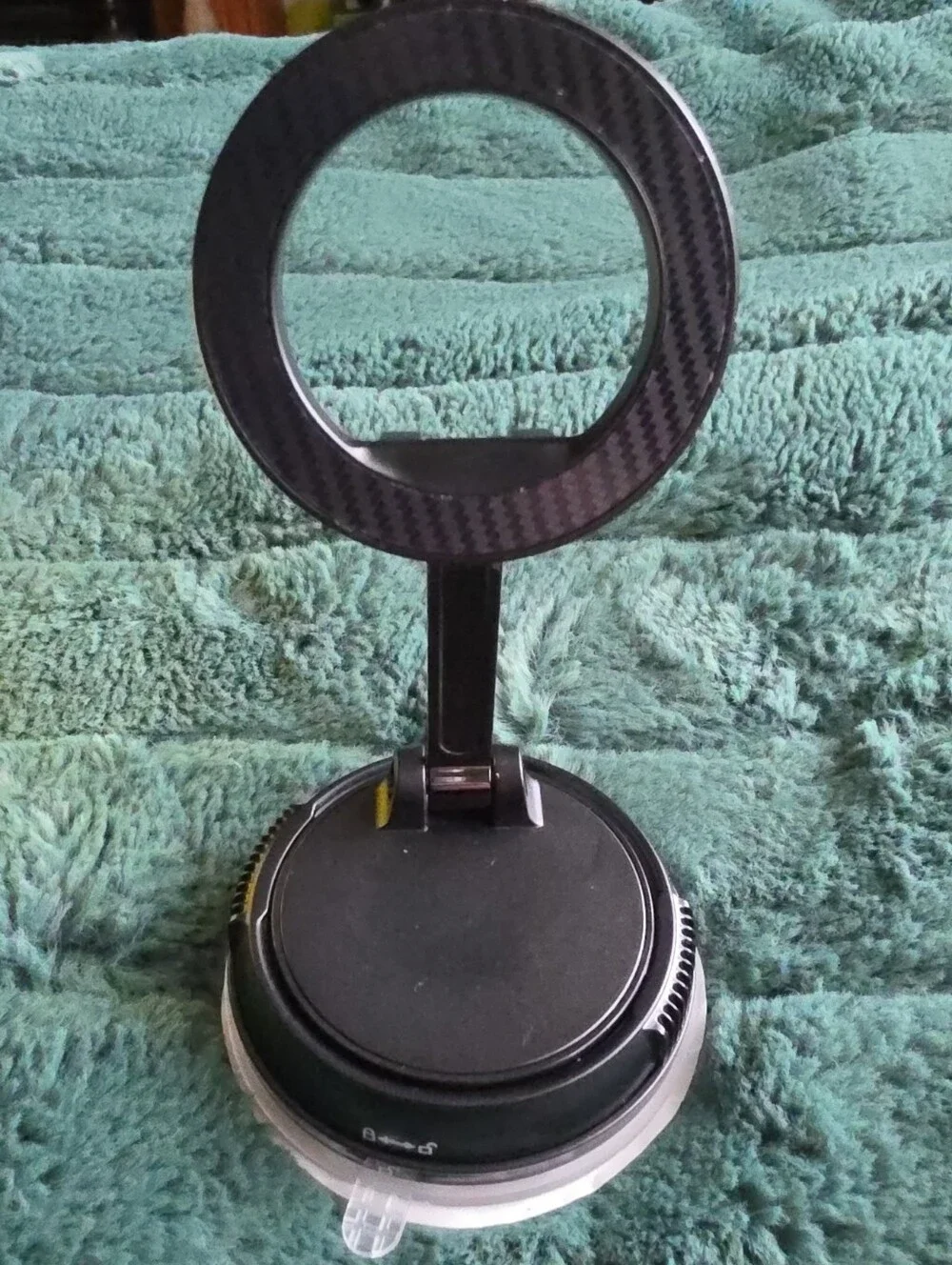 Black Foldable Phone Ring Stand w/Clip, Secure Grip and Hands-Free Use For Car.